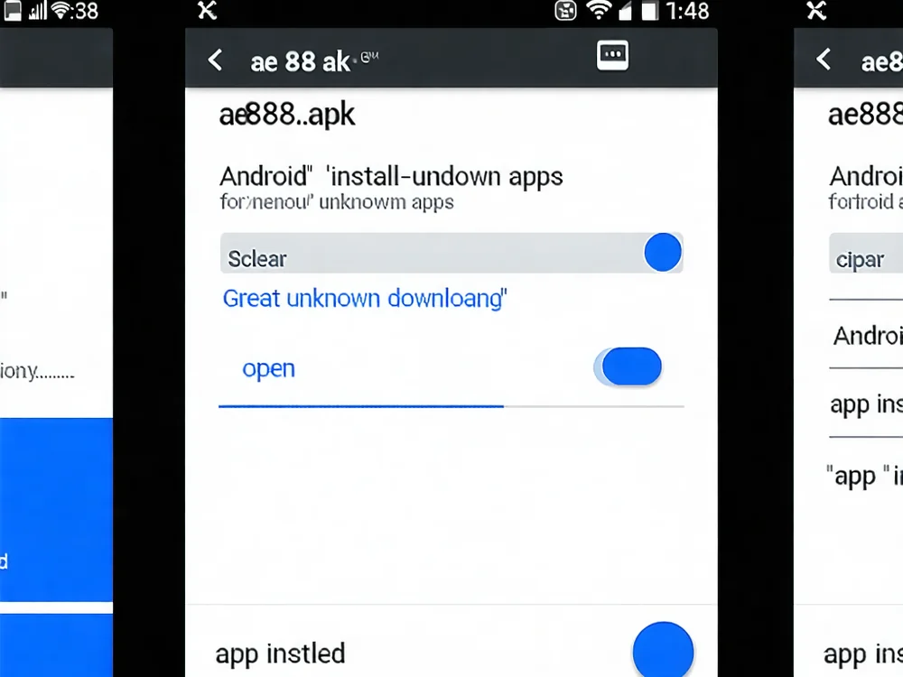Hướng dẫn từng bước tải và cài đặt ứng dụng AE888 trên điện thoại Android, minh họa các màn hình cài đặt.