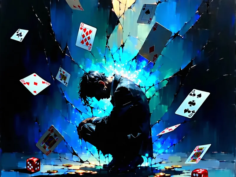 Hình ảnh mô tả tác động của nghiện cờ bạc đến cuộc sống cá nhân và tài chính, với tông màu trầm và biểu tượng căng thẳng. ae888 khuyến khích chơi có trách nhiệm.