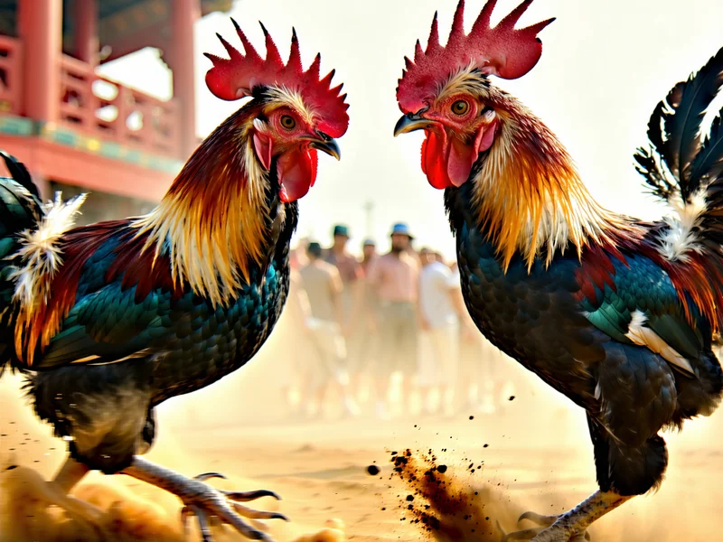 Hình ảnh đá gà trực tuyến ae888 với hai chú gà chiến đang đối đầu trên sàn đấu